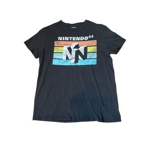 Nintendo 64 N64 Retro Graphic T-Shirt Black Mens Medium Distressed Rainbow Logo‎
